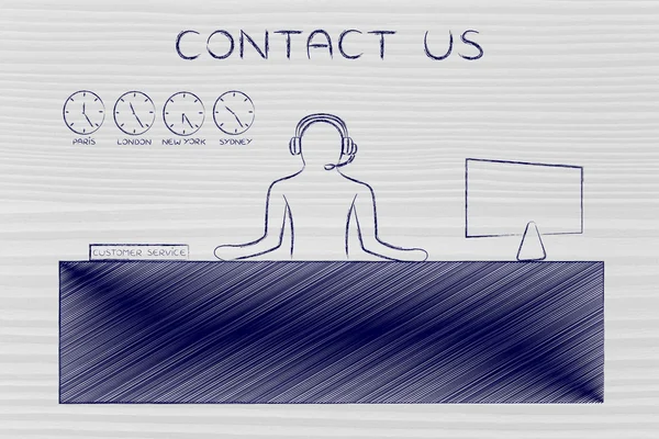 Kundenservice-Schalter mit Mitarbeiter, der Anrufe entgegennimmt, kontaktieren Sie uns — Stockfoto