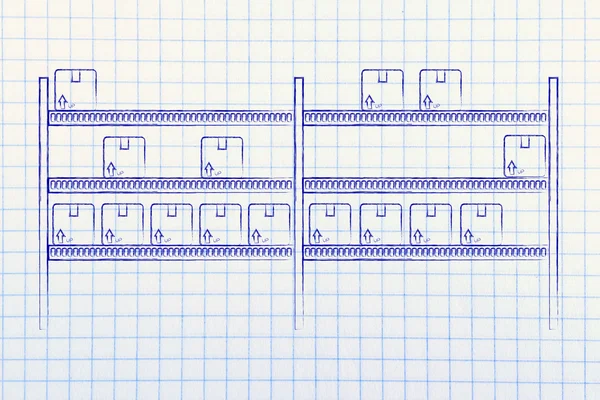 Étagères d'entrepôt avec peu de produits à gauche — Photo