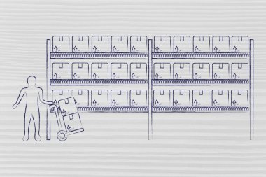 ürün ve sepeti ile işçi ile depo raflar