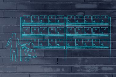 ürün ve sepeti ile işçi ile depo raflar