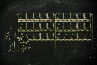 ürün ve sepeti ile işçi ile depo raflar