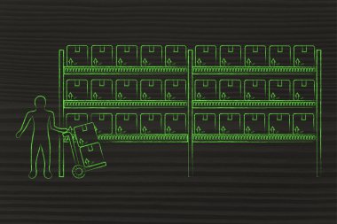 ürün ve sepeti ile işçi ile depo raflar