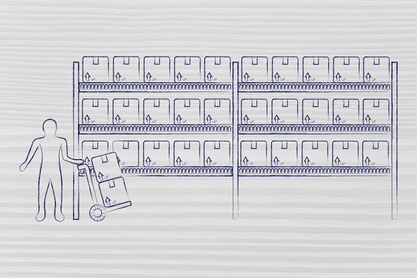 Estantes de almacén con productos y trabajador con carro — Foto de Stock