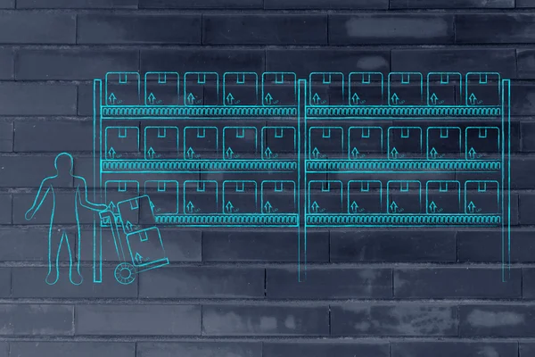 ürün ve sepeti ile işçi ile depo raflar