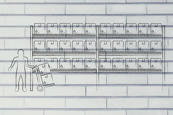 ürün ve sepeti ile işçi ile depo raflar