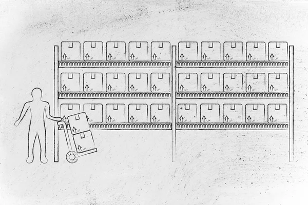 ürün ve sepeti ile işçi ile depo raflar