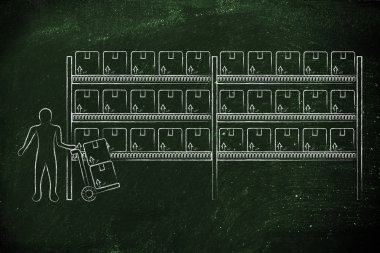 ürün ve sepeti ile işçi ile depo raflar