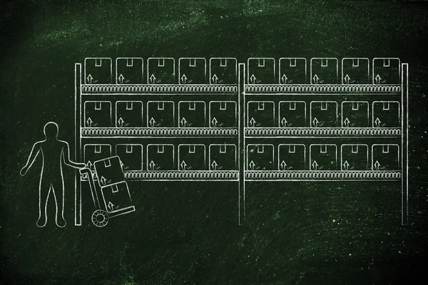 ürün ve sepeti ile işçi ile depo raflar