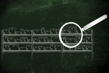 Ürünler ve Büyüteç ile depo raflar