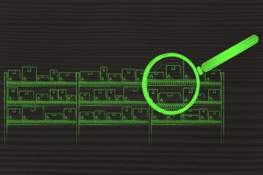 Ürünler ve Büyüteç ile depo raflar