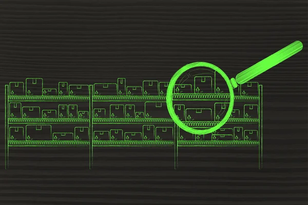 仓库货架上摆满产品 & 放大镜 — 图库照片