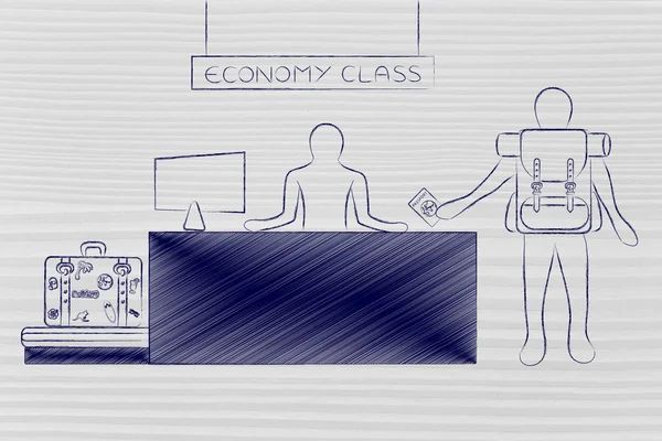 Reisende beim Check-in in der Economy Class — Stockfoto