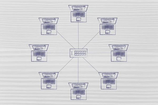 Rede estelar de computadores e hub — Fotografia de Stock