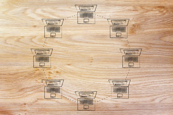 Laptops connected in a ring network structure — Stock Photo, Image