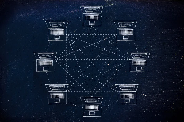 Egy teljesen összekapcsolt hálózati struktúra laptopok — Stock Fotó