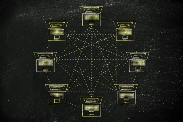 Portátiles en una estructura de red completamente conectada —  Fotos de Stock
