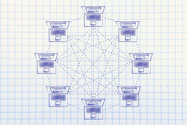 Egy teljesen összekapcsolt hálózati struktúra laptopok — Stock Fotó