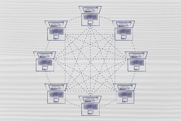 Laptops in een volledig verbonden netwerkstructuur — Stockfoto