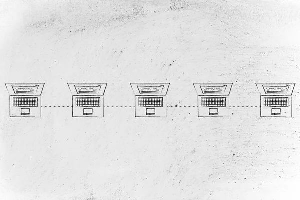 Portátiles conectados en una estructura de red de línea —  Fotos de Stock