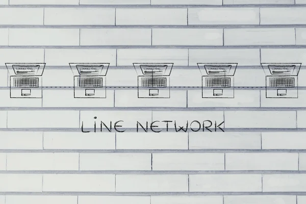 Portátiles conectados en una estructura de red de línea con subtítulos —  Fotos de Stock