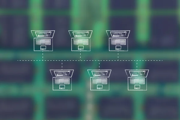 Laptops connected in a bus network structure — Stock Photo, Image