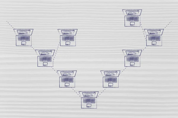 Ноутбуки, подключенные в древовидной структуре сети — стоковое фото