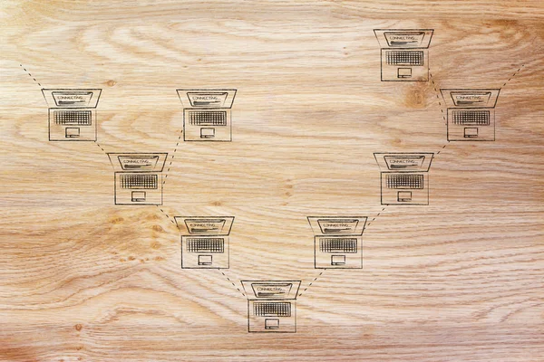 Laptops connected in a tree network structure — Stock Photo, Image