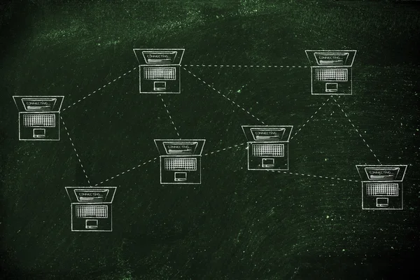 Laptops connected in a mesh network structure — Stock Photo, Image