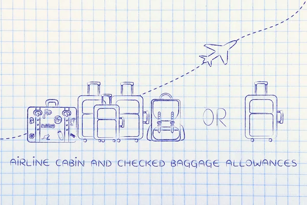 Concept van tegemoetkomingen voor vliegtuigcabine en ingecheckte bagage — Stockfoto