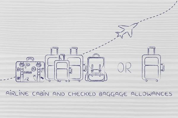 Concept van tegemoetkomingen voor vliegtuigcabine en ingecheckte bagage — Stockfoto