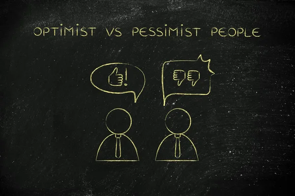 Optimist vs pessimist people, thumbs up or thumbs down — Stock Photo, Image