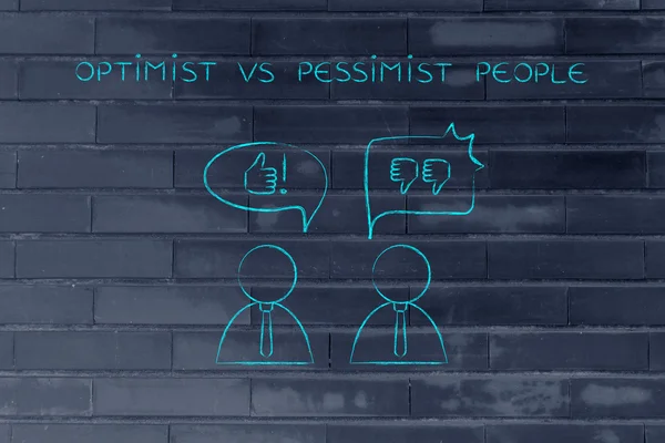 Otimista vs pessimista pessoas, polegares para cima ou polegares para baixo — Fotografia de Stock