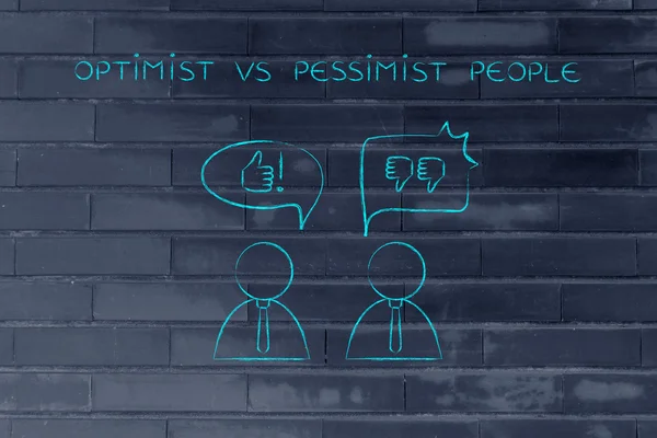 Optimist vs pessimist people, thumbs up or thumbs down — Stock Photo, Image