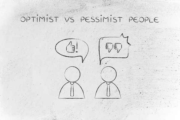 Optimist vs pessimist people, thumbs up or thumbs down — Stock Photo, Image