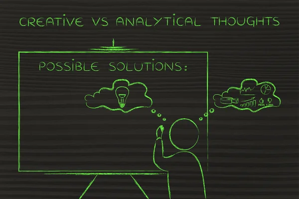 Pensamientos creativos vs analíticos, hombre escribiendo en pizarra — Foto de Stock