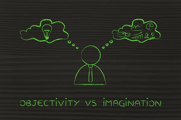 Objetividad vs imaginación, hombre de negocios con burbujas de pensamiento — Foto de Stock