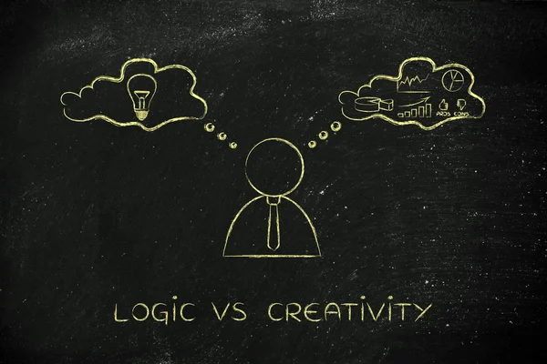 Lógica vs criatividade, homem de negócios com bolhas de pensamento — Fotografia de Stock