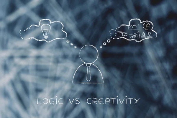 Lógica vs creatividad, hombre de negocios con burbujas de pensamiento — Foto de Stock