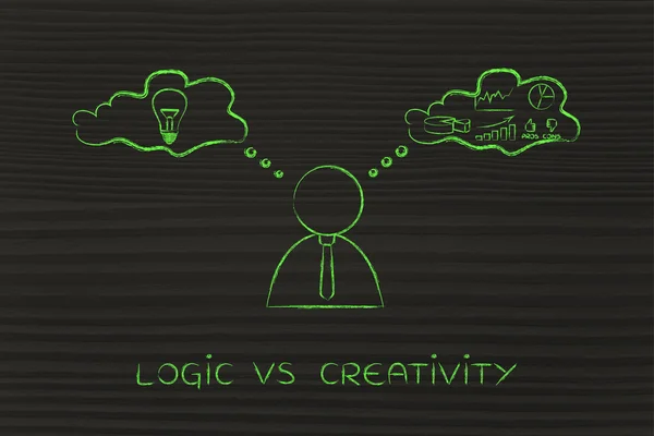 Lógica vs creatividad, hombre de negocios con burbujas de pensamiento — Foto de Stock