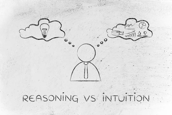 Razonamiento vs intuición, hombre de negocios con burbujas de pensamiento —  Fotos de Stock