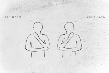 sol ve sağ beyin başlıkları ile erkekler, zıt tutumlar