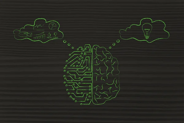 Künstliche Schaltkreise und menschliches Gehirn mit Gedankenblasen — Stockfoto