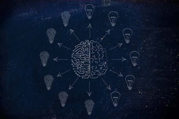 Schaltkreise & Gehirn schaffen verschiedene Ideen Glühbirnen — Stockfoto