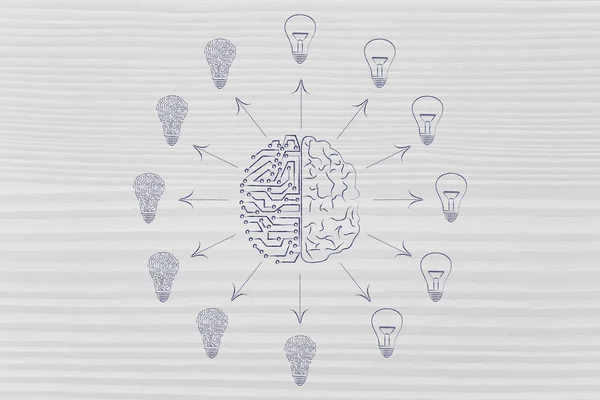 Circuits & brain creating different idea lightbulbs — Stock Photo, Image