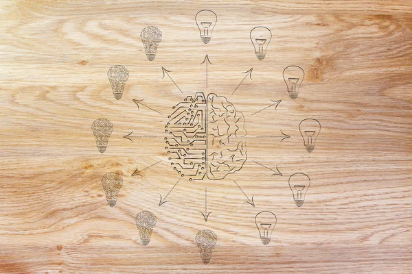 Schaltkreise & Gehirn schaffen verschiedene Ideen Glühbirnen — Stockfoto