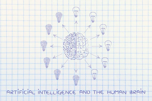 Circuits & brain merged and creating different idea lightbulbs — Stock Photo, Image