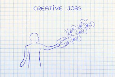 Lightbulbs (fikirler) mıknatıs, yaratıcılık con ile çeken kişi