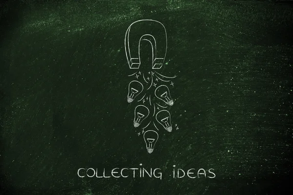 Attrarre lampadine (idee) con magnete, concetto di creatività — Foto Stock
