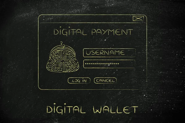 digital payment login pop-up with electronic circuit coin purse