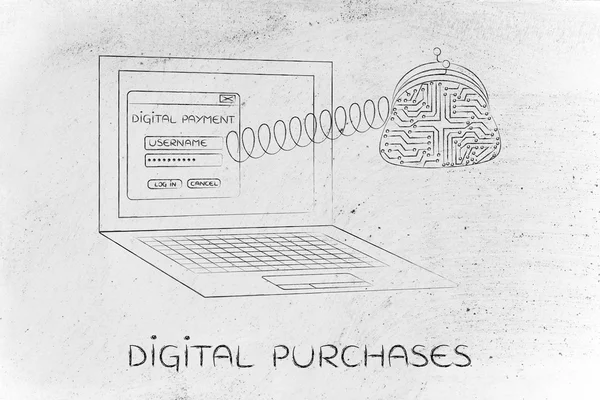 Laptop de pagamento digital com bolsa de moeda eletrônica em uma primavera — Fotografia de Stock